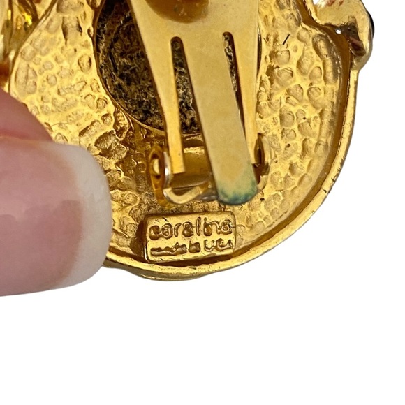 Vintage rare Caralina gold tone clip on Greek revival earrings cabochon coin - Picture 2 of 10